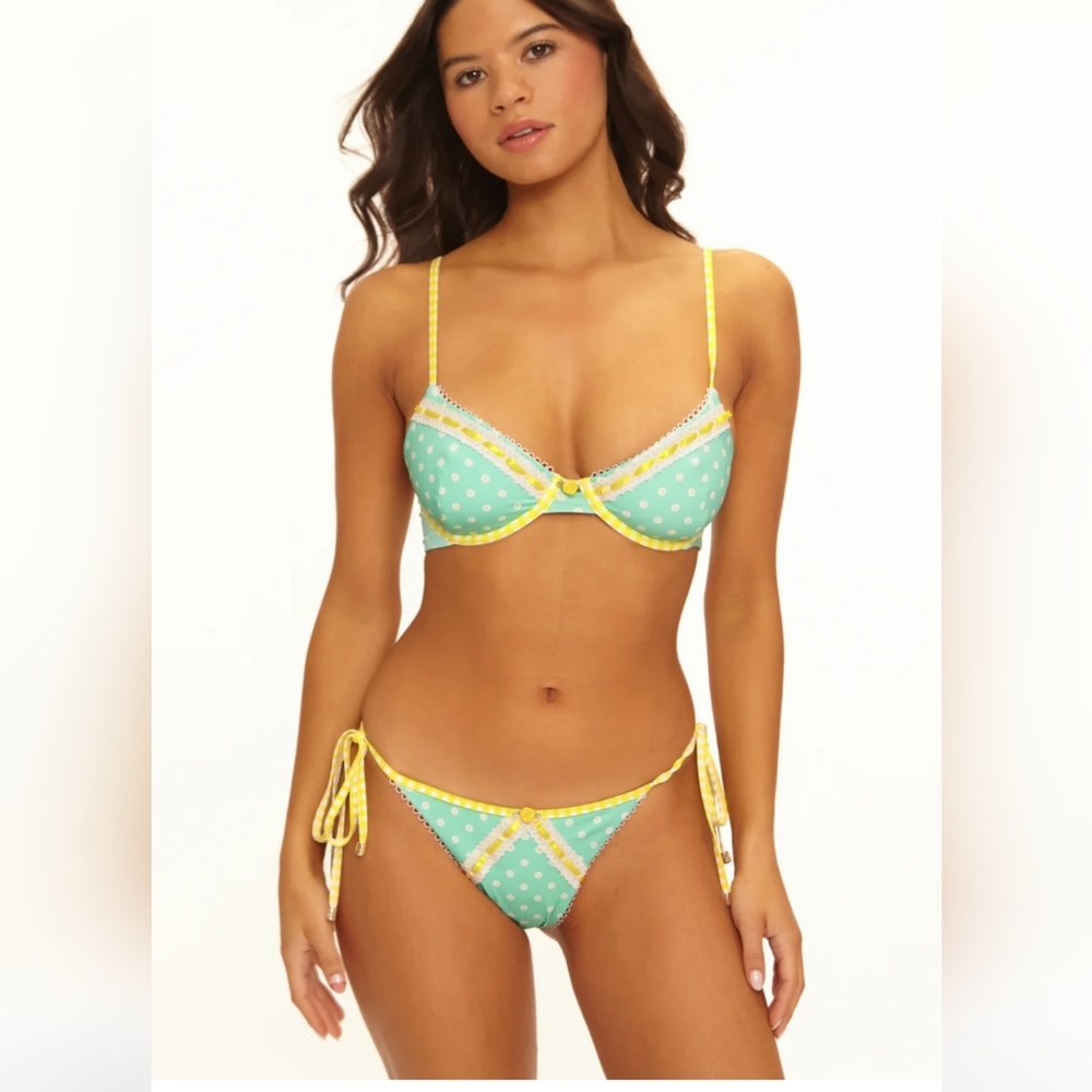 Beach Bunny Bikini Set, Daisy Dot Balconette Top S &Side Tie Skimpy bottom L